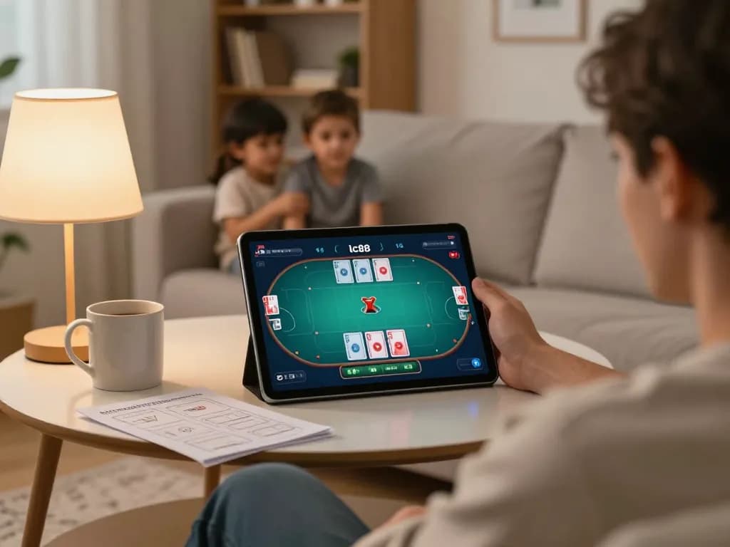 Engaged player using lc88 tablet for strategic online poker gameplay in a cozy home