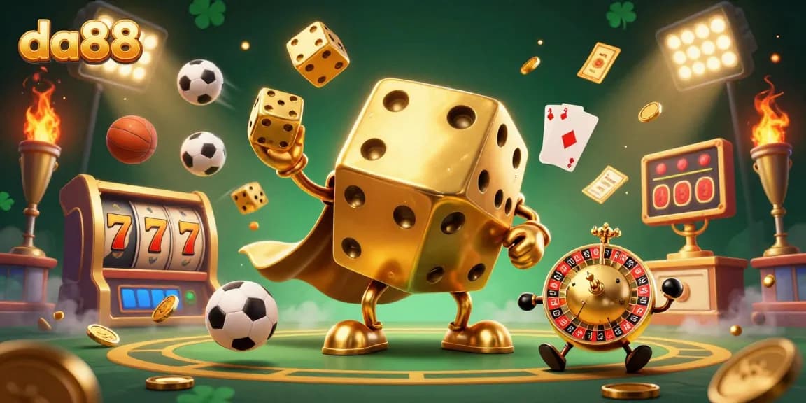 Engage with da88's vibrant casino scene featuring a lively golden dice golem juggling against a backdrop of slot elements.