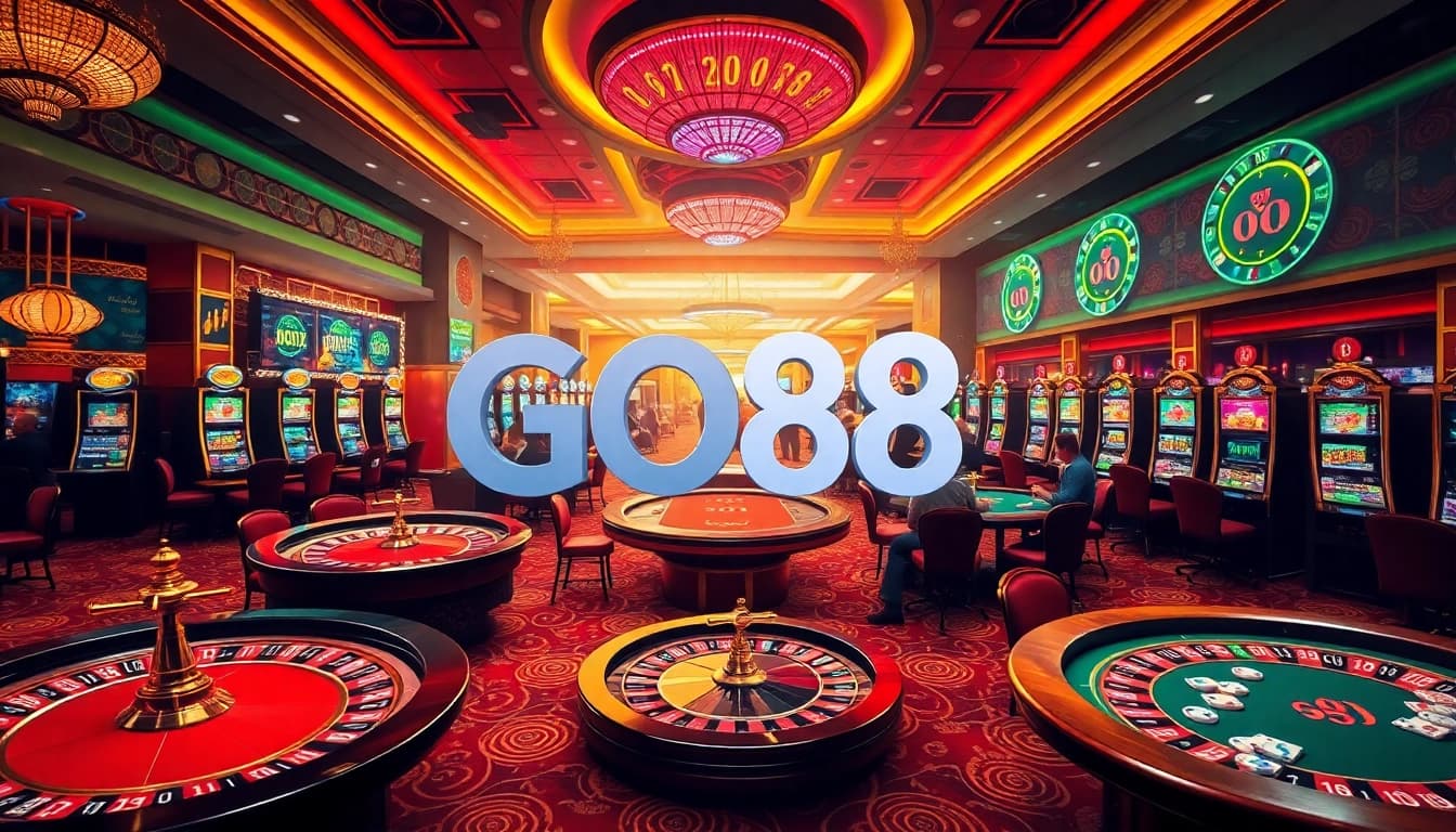 GO88 casino excitement with colorful poker chips and elegant roulette wheels.
