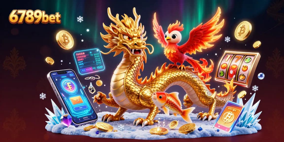 Spin the reels and win with 6789bet's vibrant 3D casino scene featuring lucky symbols and dragons.