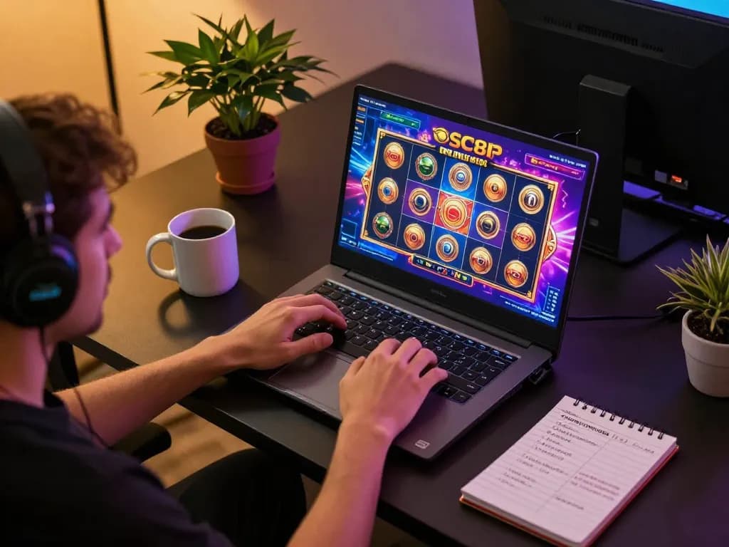 Player enjoying SC88 online casino slots on their laptop with a stylish setup