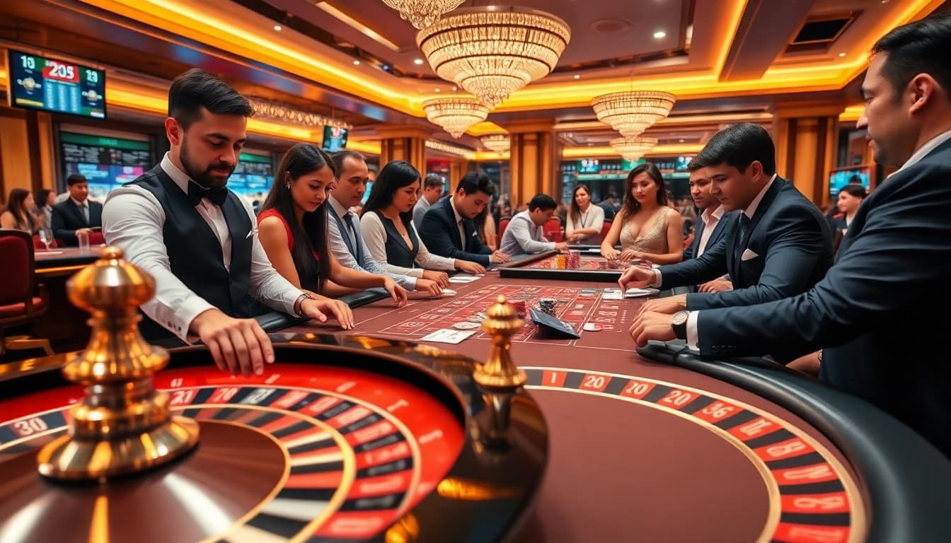 Vaobet casino scene with players at a gaming table and exciting betting action.