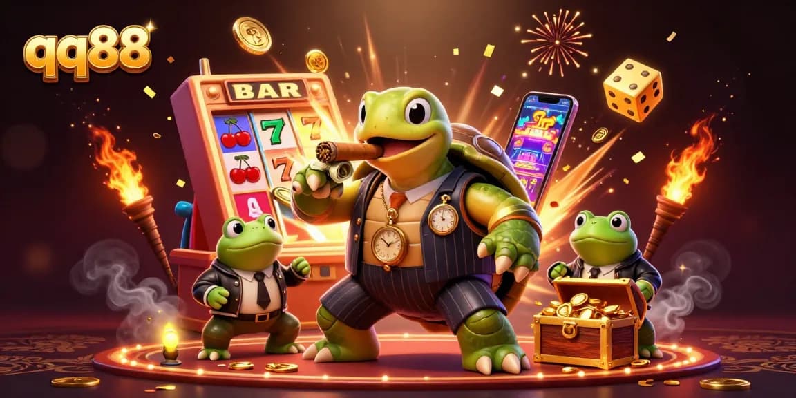 Experience the thrill of qq88 with vibrant casino-themed characters and dynamic game elements, vividly depicted.