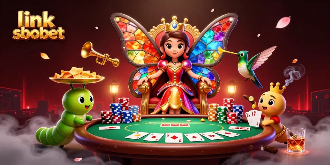 Win big with link sbobet featuring a colorful butterfly queen and vibrant casino elements in 3D illustration.