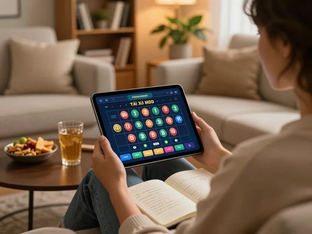 Tài xỉu md5 casino gaming app displayed on a tablet during a cozy home betting session.