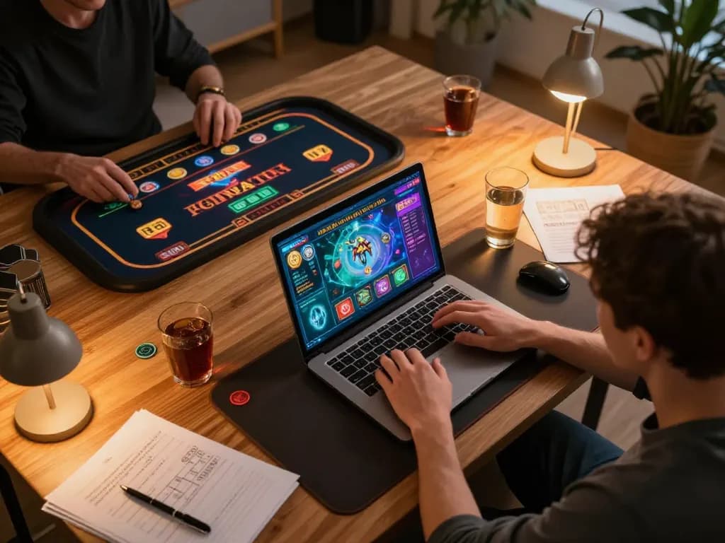 Player enjoying go8 online casino gaming, focused on the laptop while surrounded by strategy notes and drinks.