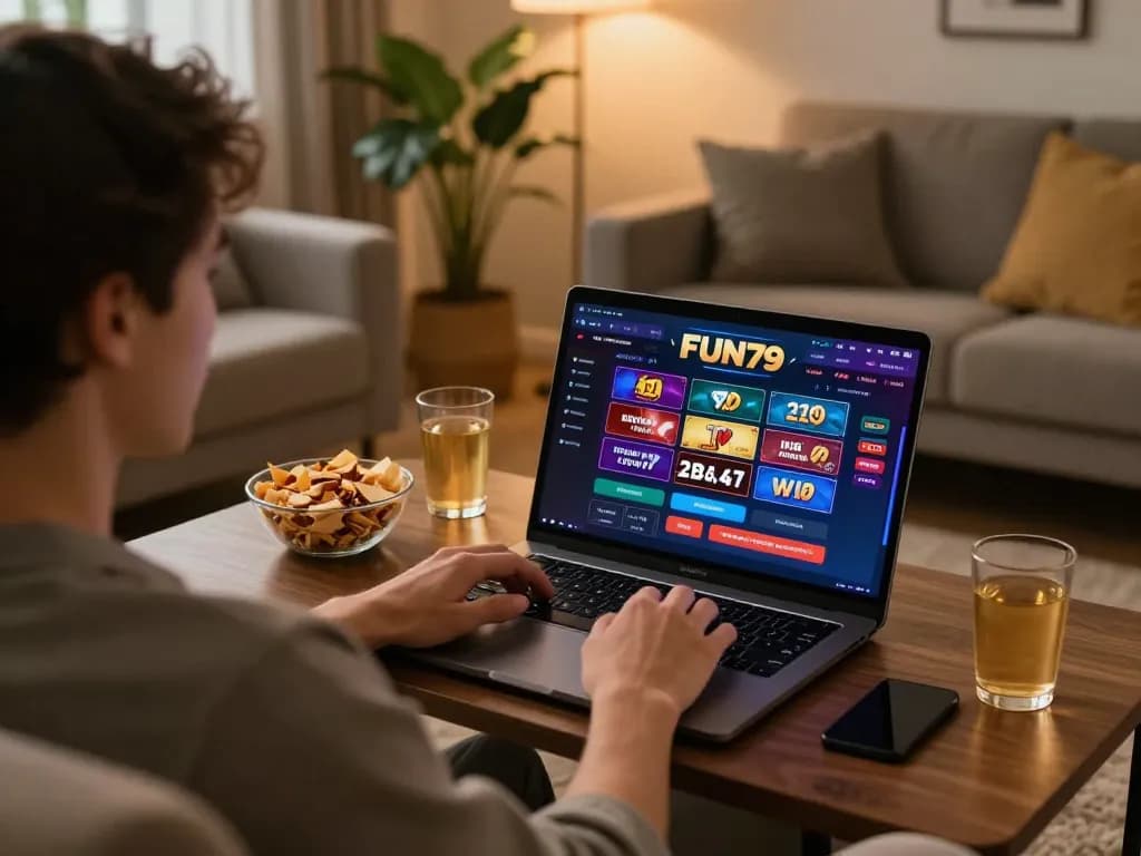 Engaging scene of đăng nhập fun79 on a laptop at home, showcasing a cozy gaming environment.