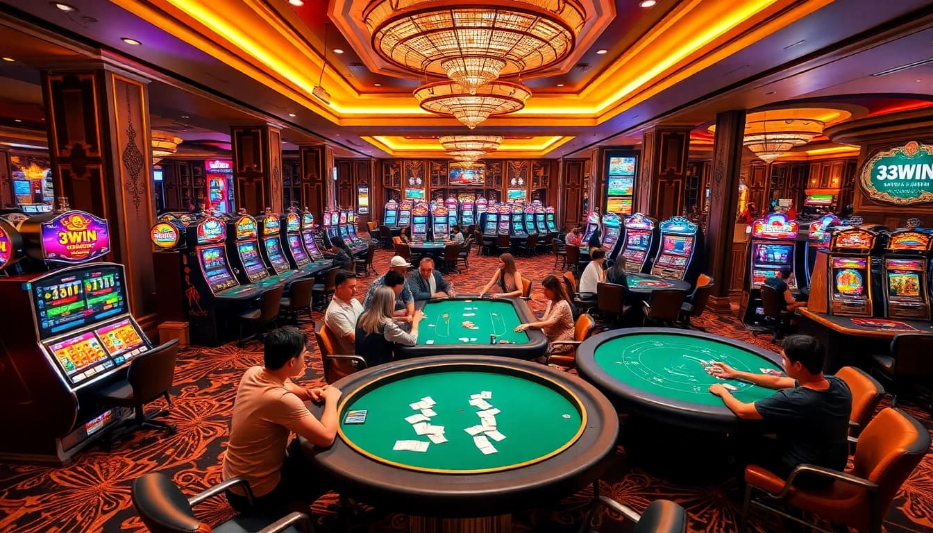 33WIN casino scene showcasing immersive gaming excitement with roulette, poker tables, and vibrant slot machines.