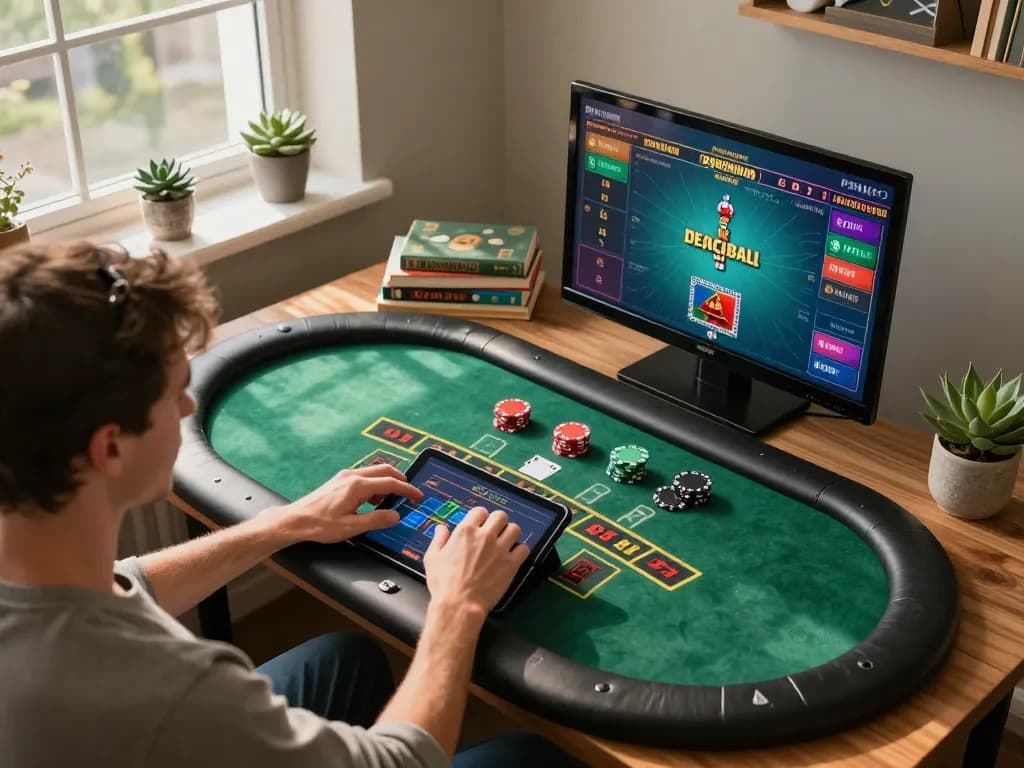 Engage in thrilling nk88 blackjack action on a tablet in a cozy gaming setup.