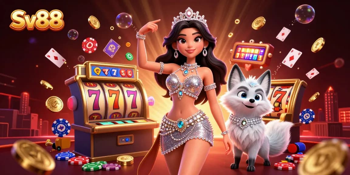 The Sv88 casino scene showcases an elegant woman and an arctic fox amidst flying playing cards and coins, igniting excitement.