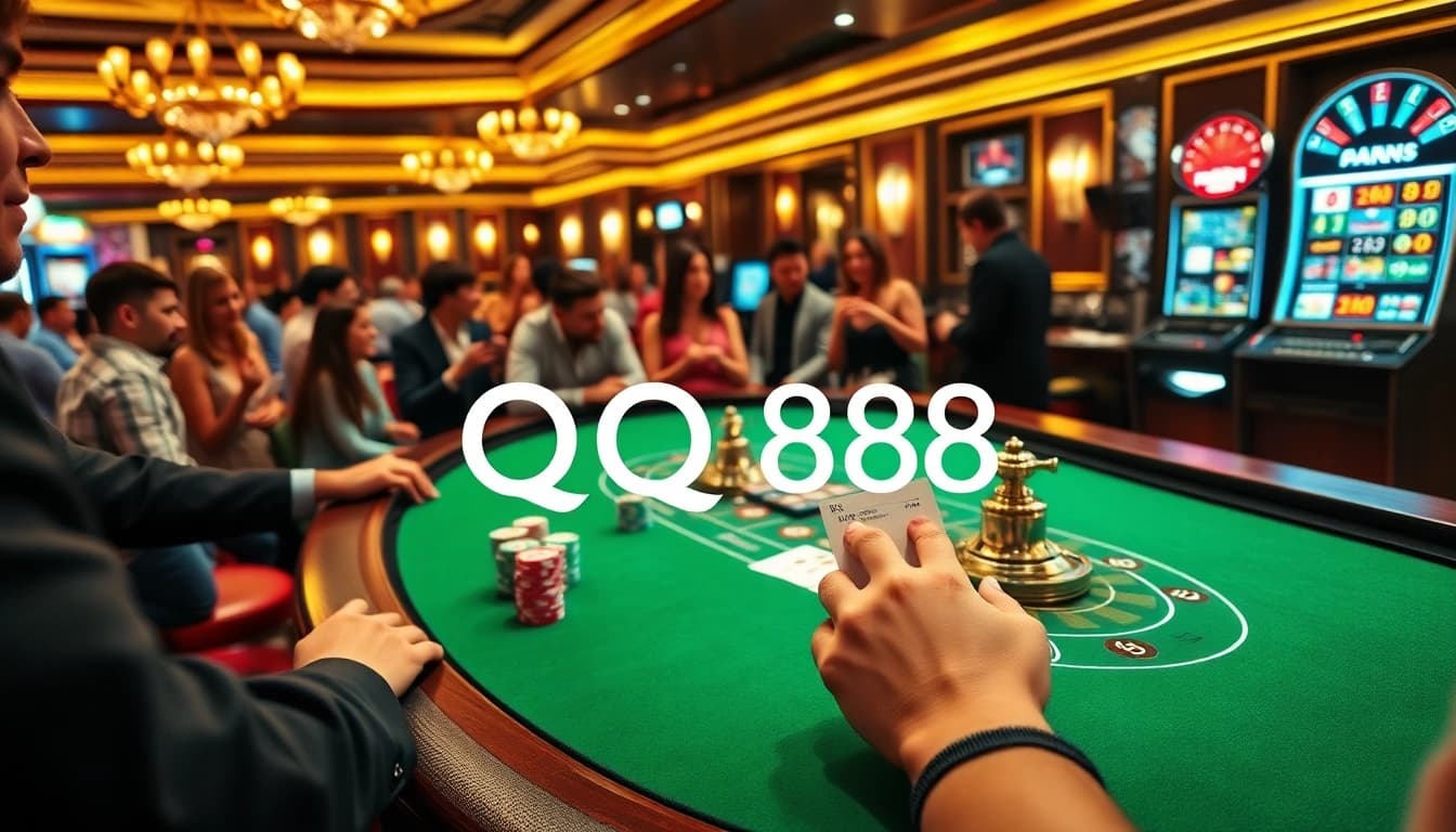 Exciting blackjack scene at QQ88 casino with vibrant poker chips and a roulette wheel.