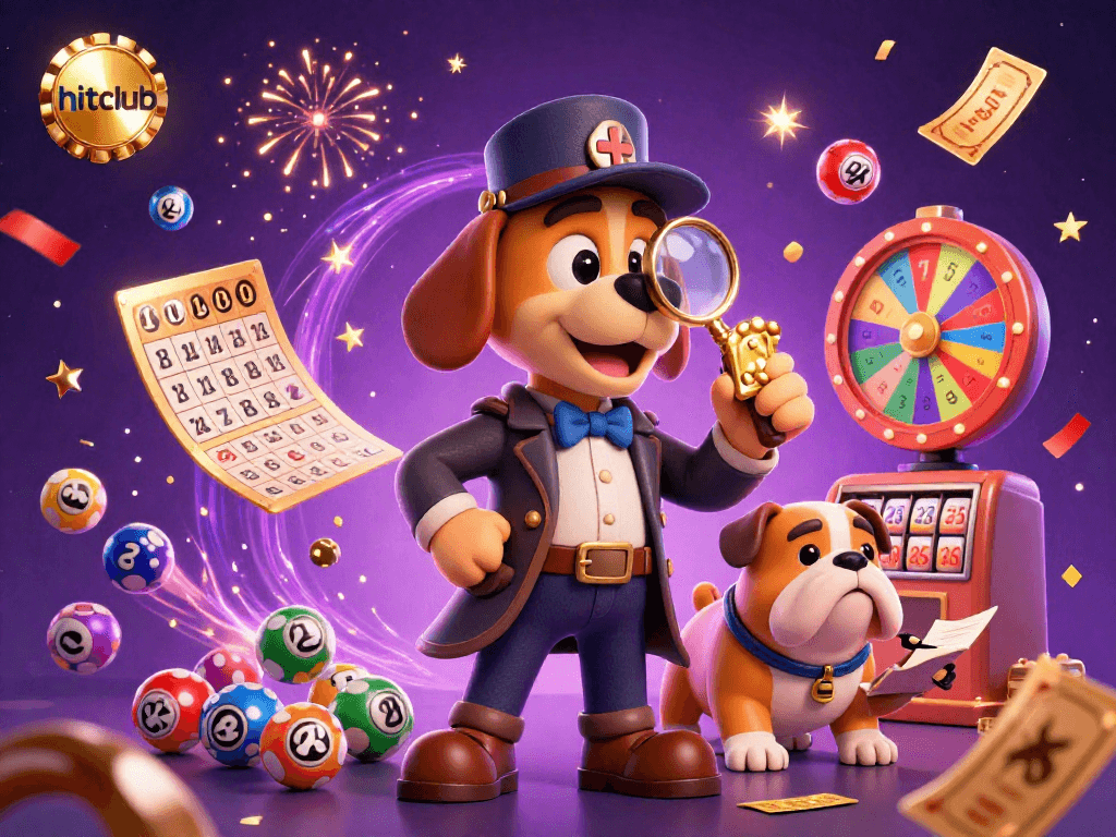Join the hitclub with a colorful 3D casino illustration featuring dynamic lottery elements and characters.