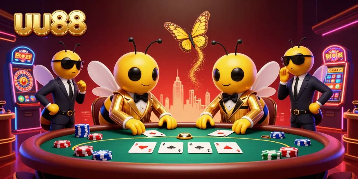 Experience the excitement of uu88's vibrant casino world featuring animated characters, poker games, and colorful casino elements.