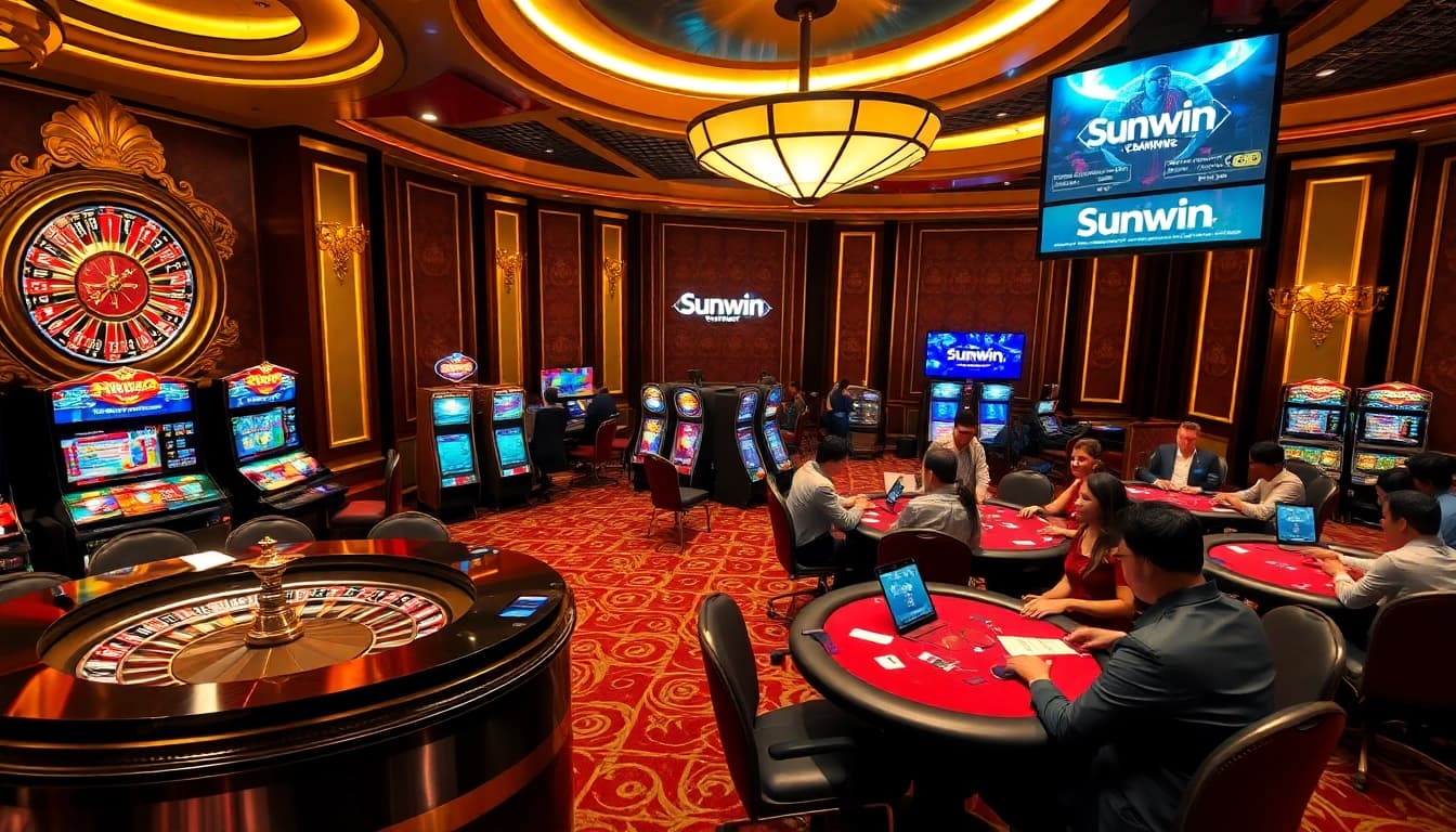 Experience thrilling gaming action at Sunwin's luxurious casino with poker tables and slots.