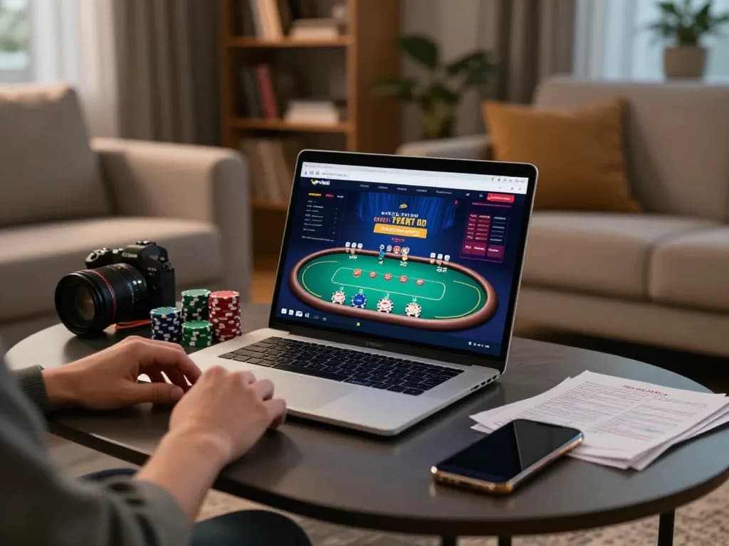 Players enjoy dynamic poker action at nhà cái 79king on laptops, showcasing a cozy home gaming setup.