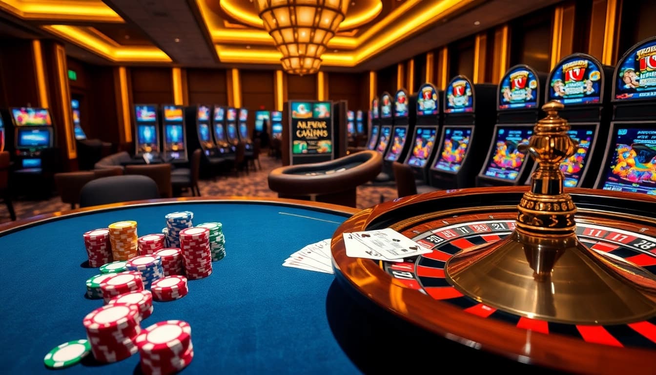 Engaging gaming experience at nhà cái 8XX with vibrant poker chips, cards, and roulette.