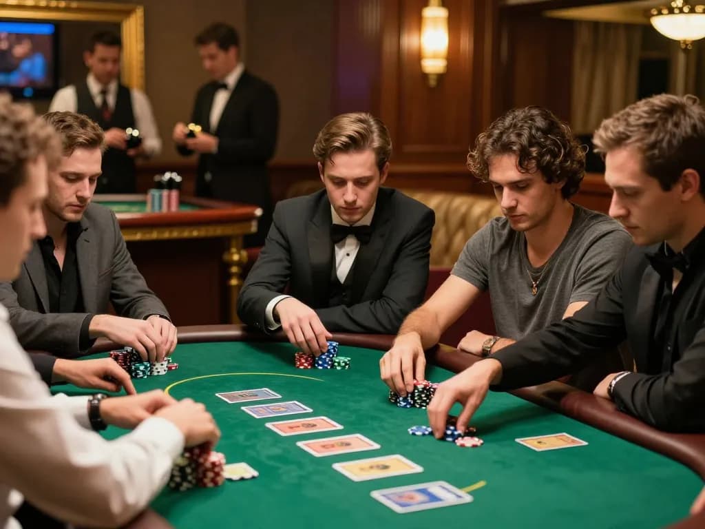FLY88 players strategize and enjoy high-stakes poker game at an upscale casino table.