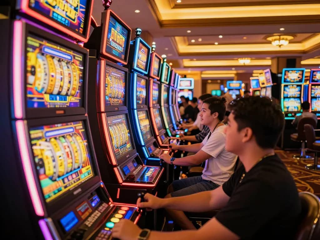 Players engaged at NK88 slot machines, colorful reels spinning with excitement in a vibrant casino