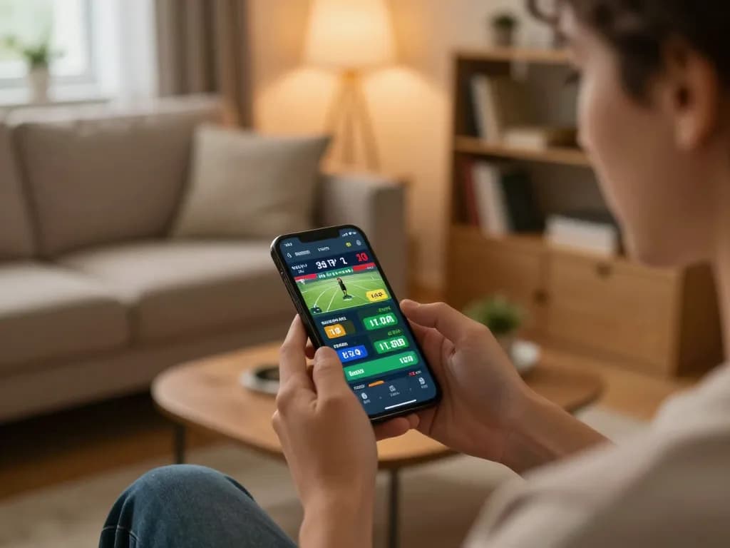 Person placing bets using sv368 app on smartphone in cozy living room setting