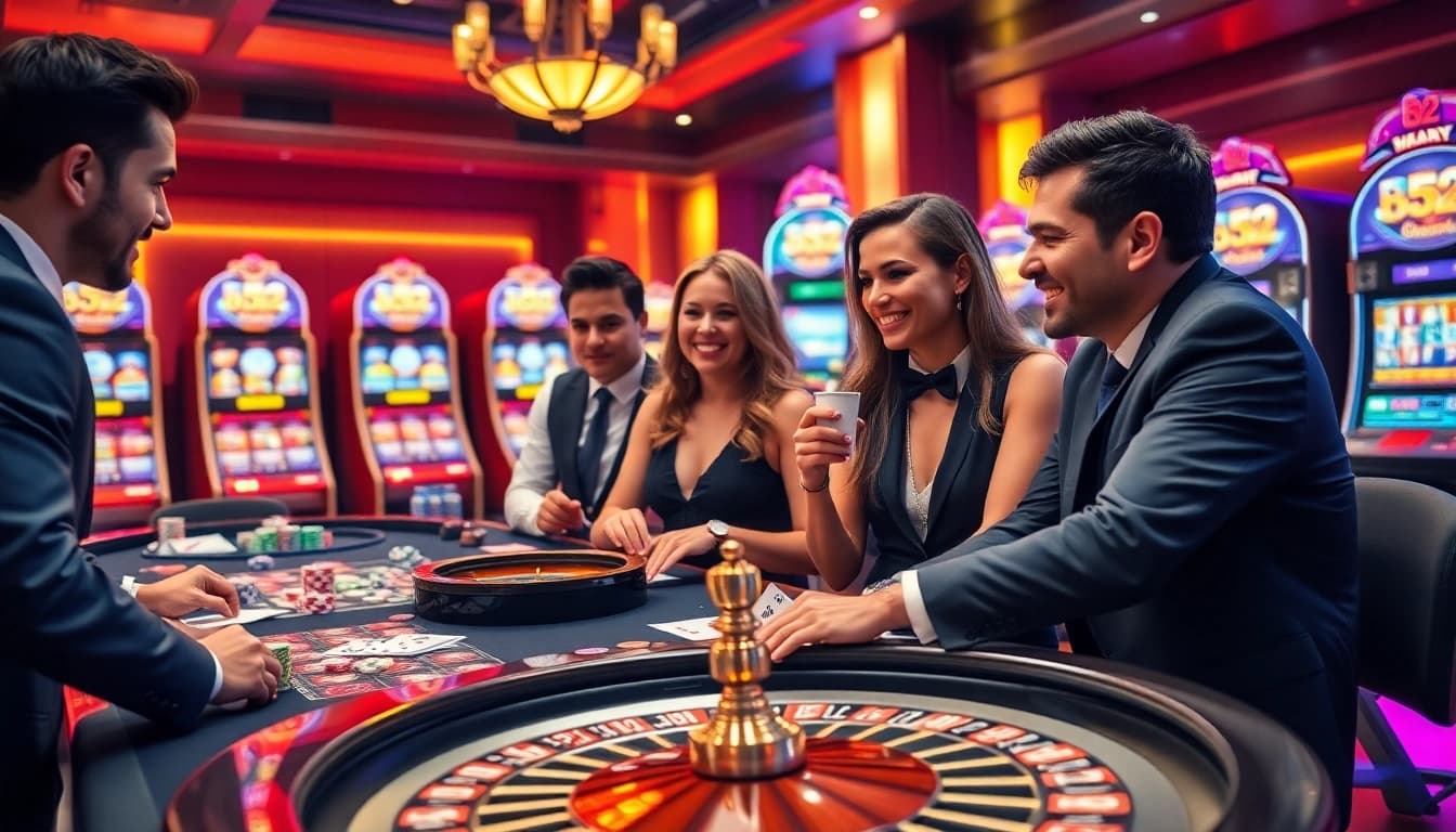 Playing at the B52 casino with vibrant gaming tables and lively slot machines.