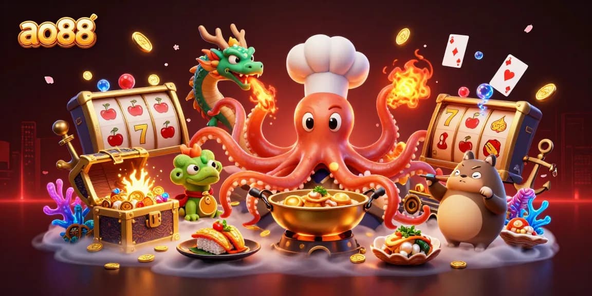 Spin and win with ao88 at a vibrant casino featuring a chef octopus and dragon!