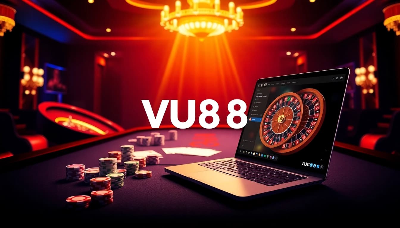Experience thrilling online gaming with VU88's vibrant casino scene featuring poker chips and roulette tables.