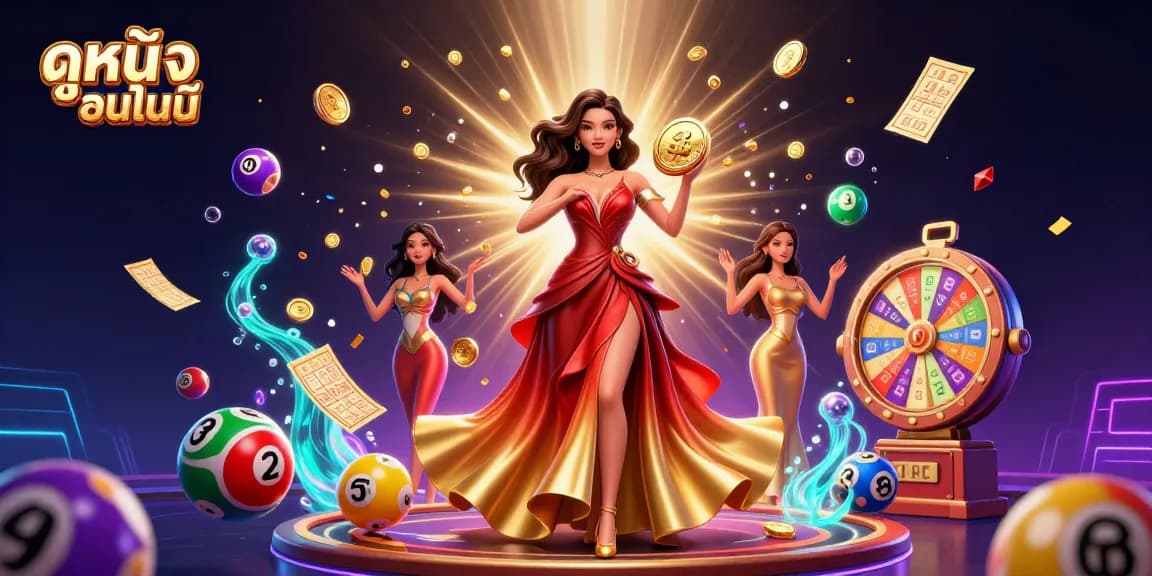 Play exciting ดูหนังออนไลน์ with a stunning Asian woman holding a golden coin amidst a vibrant casino scene.