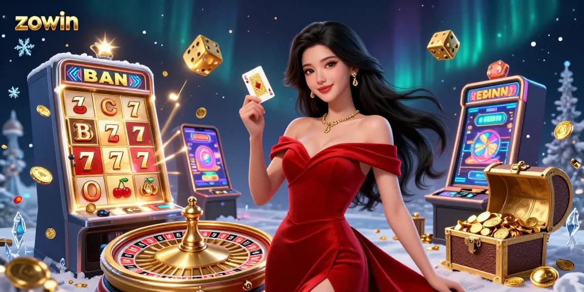 Zowin showcases a stunning young woman effortlessly winning at a golden roulette wheel in a vibrant casino scene.