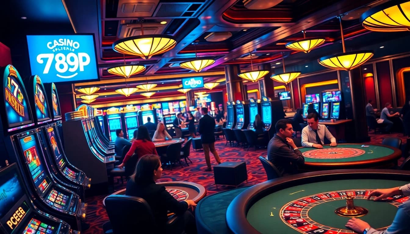 Exciting gameplay at casino 789p featuring vibrant slot machines and a roulette wheel.