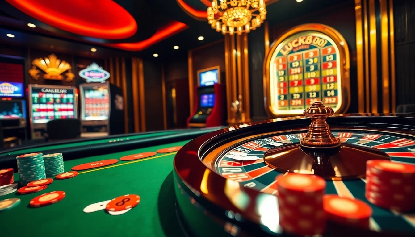 Exciting roulette and poker table scene showcasing luck8 casino gaming experience