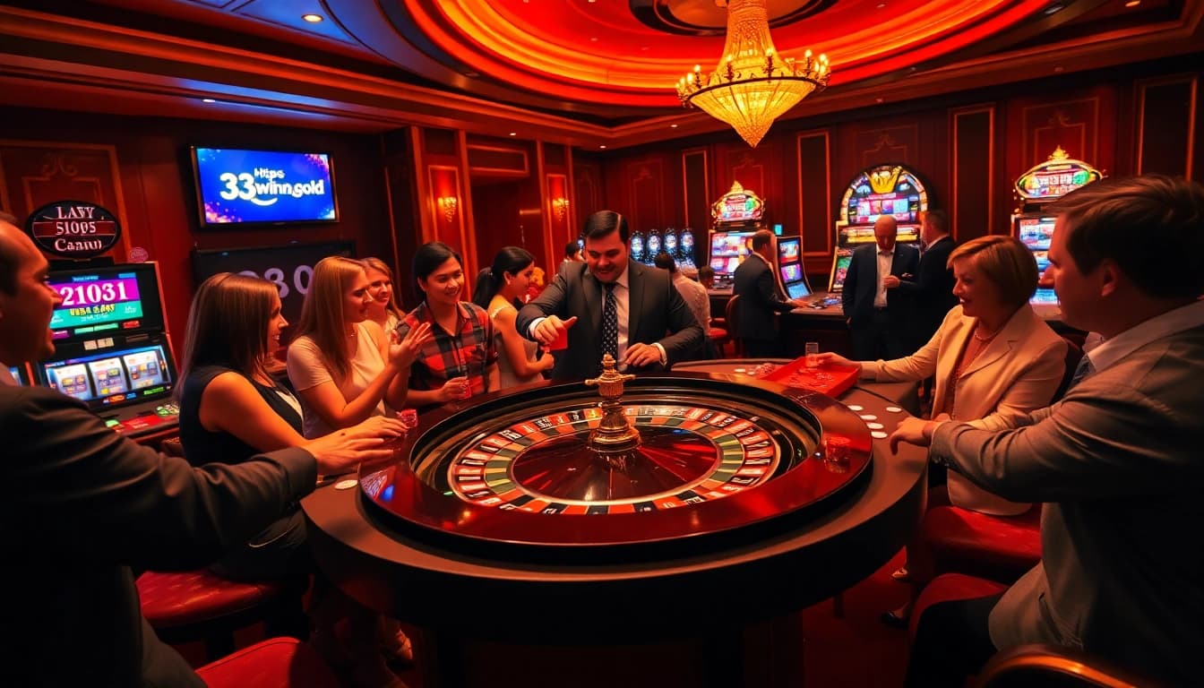 The excitement of gambling at https://33winn.gold/ with players at a roulette table in a luxurious casino.