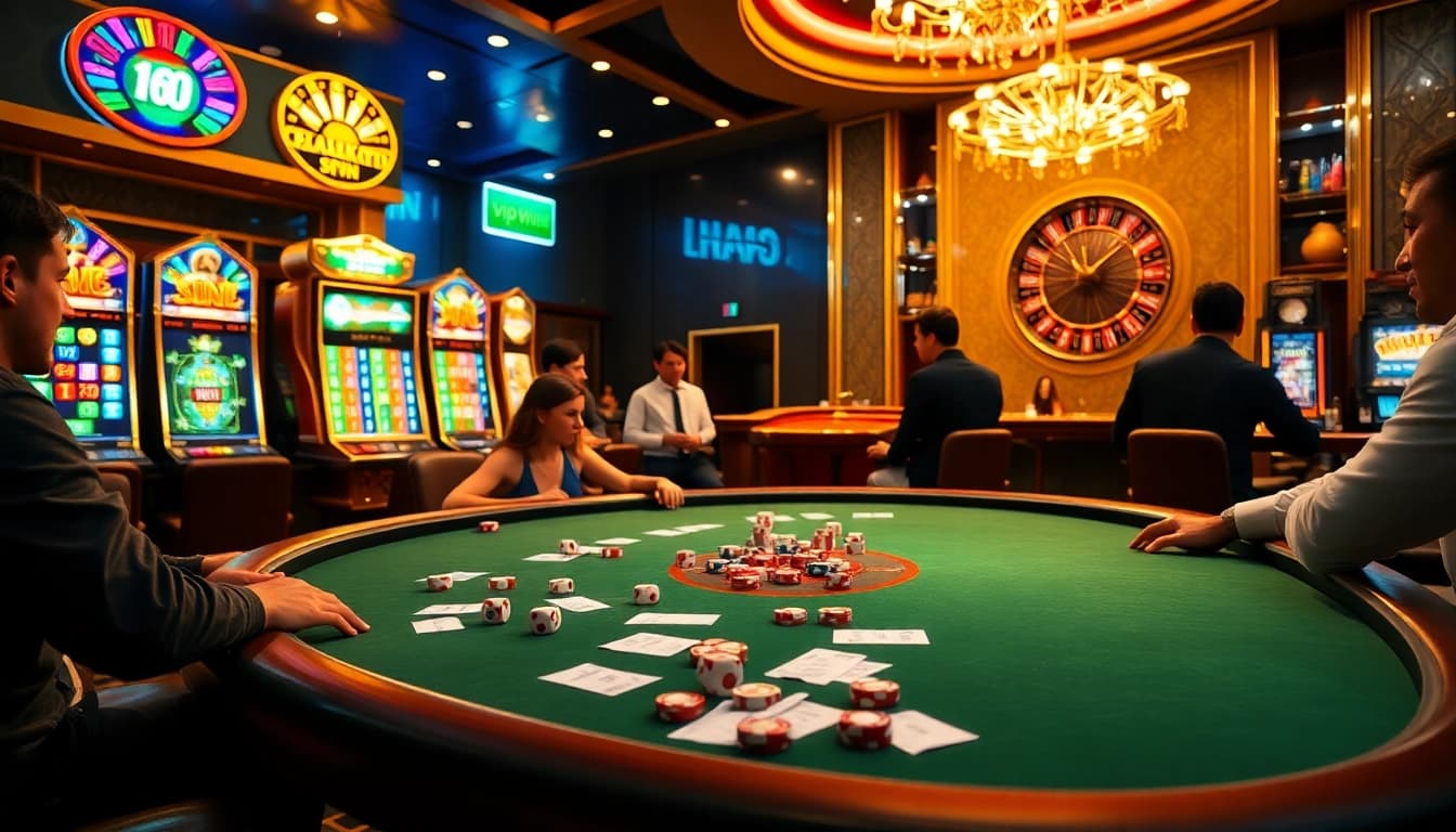 Experience the thrill of vipwin at a luxurious casino with vibrant gaming tables and excited players.
