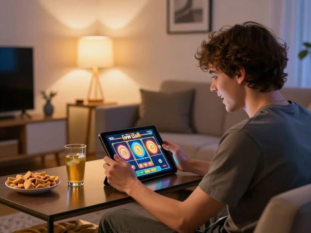 Engaging in iwin club slot games at home in a cozy setting with snacks and drinks.