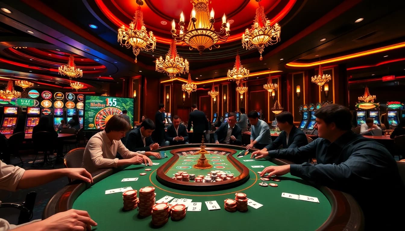 Players engaging at a vibrant poker table in a luxurious casino setting, showcasing excitement and the keyword jl55.