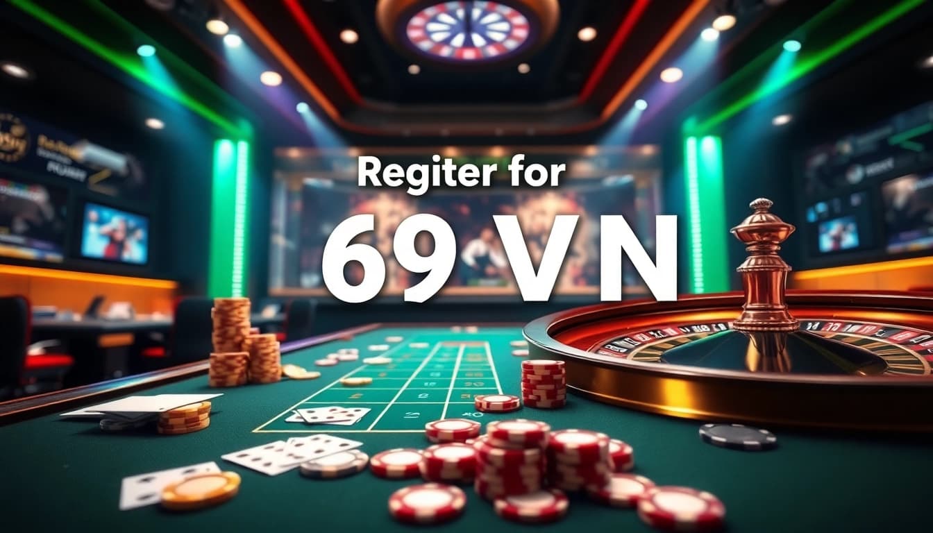 Exciting interior of a casino featuring a "Register for 69VN" online gambling interface.