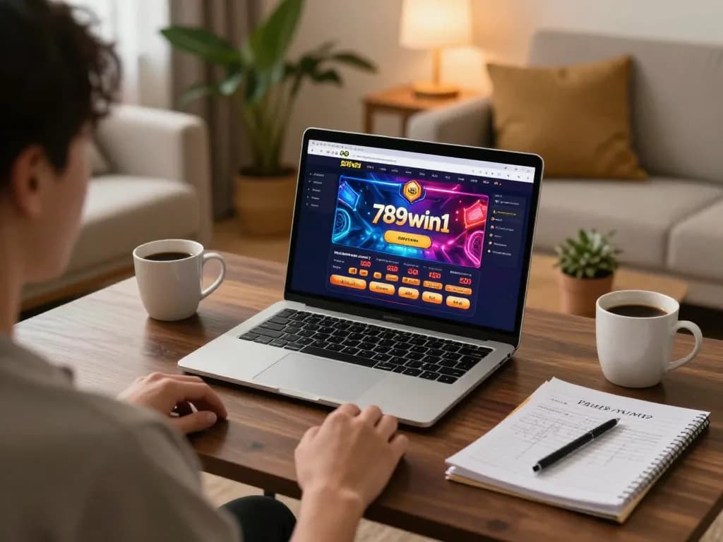 Engaging gameplay with 789win1 online casino interface displayed on laptop, cozy atmosphere promoting responsible gaming.