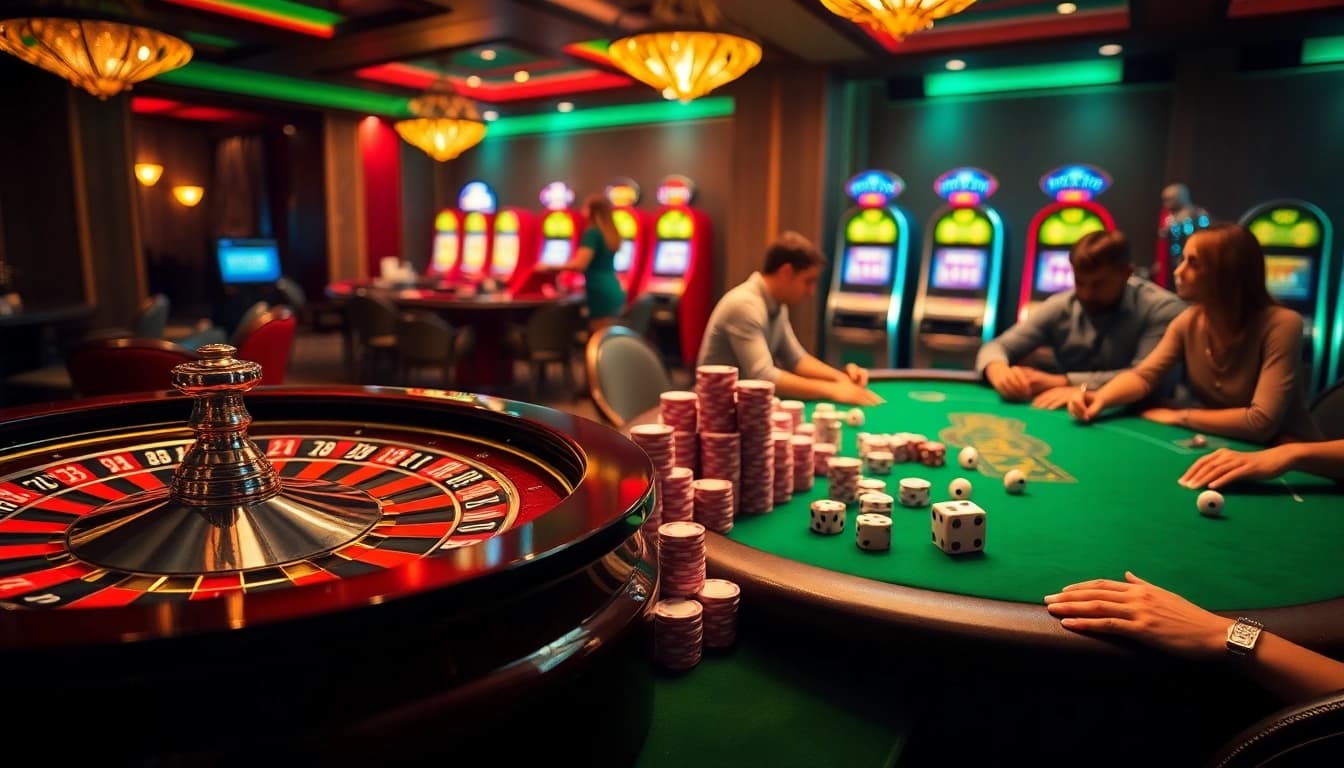Experience the thrill of link vào 79king as players engage in a high-stakes poker game surrounded by vibrant casino elements.