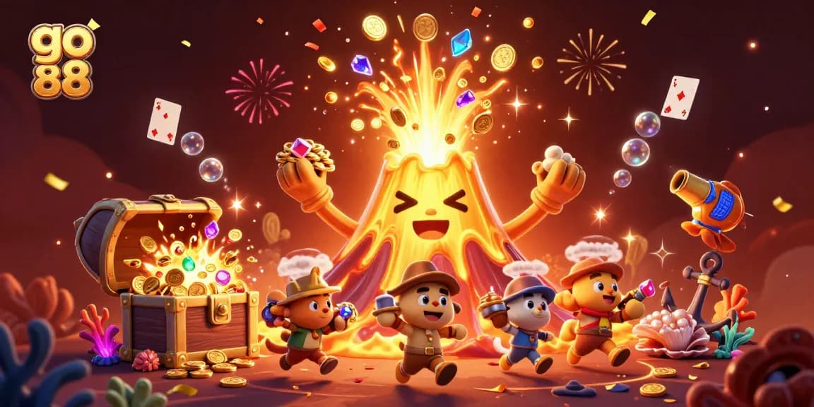 Experience the excitement of go 88 with treasures bursting from a golden volcano in a vibrant casino scene.
