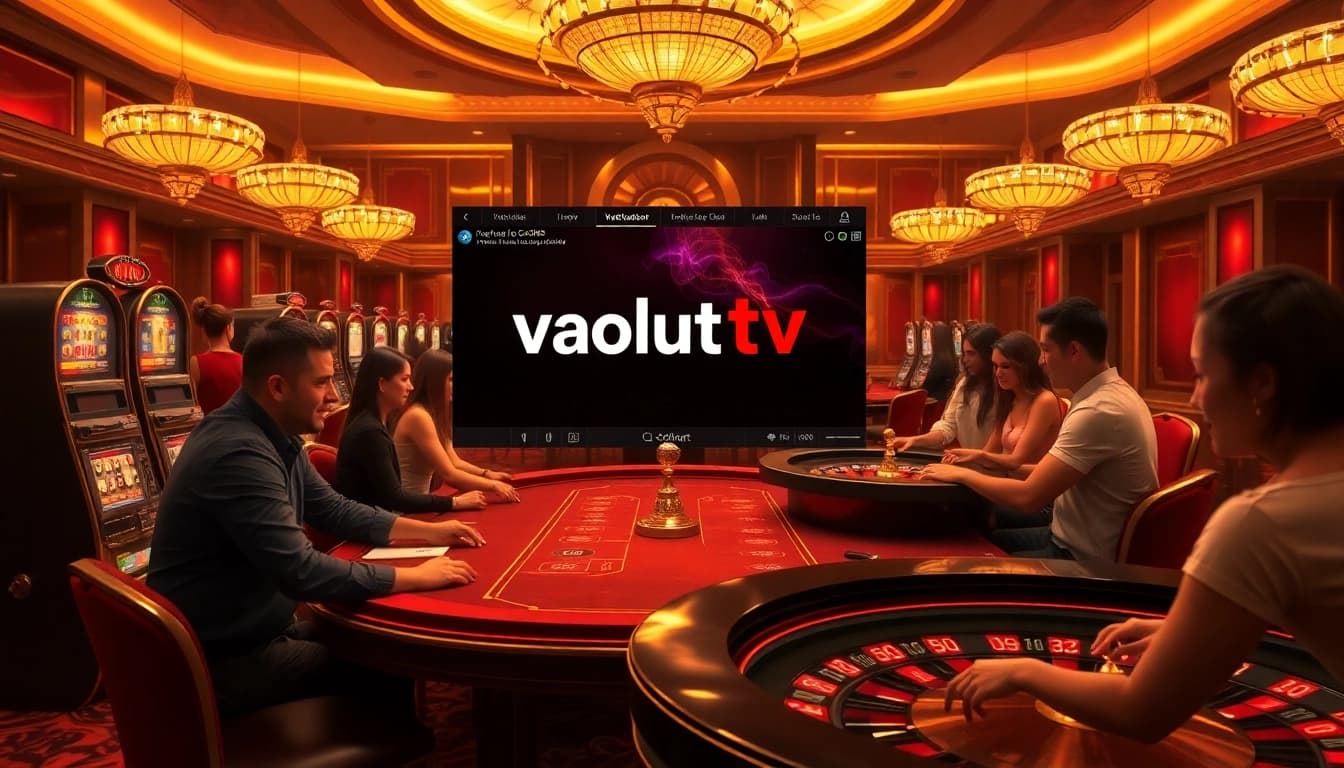 Exciting gambling atmosphere with vaoluoitv logo displayed on an elegant casino table.