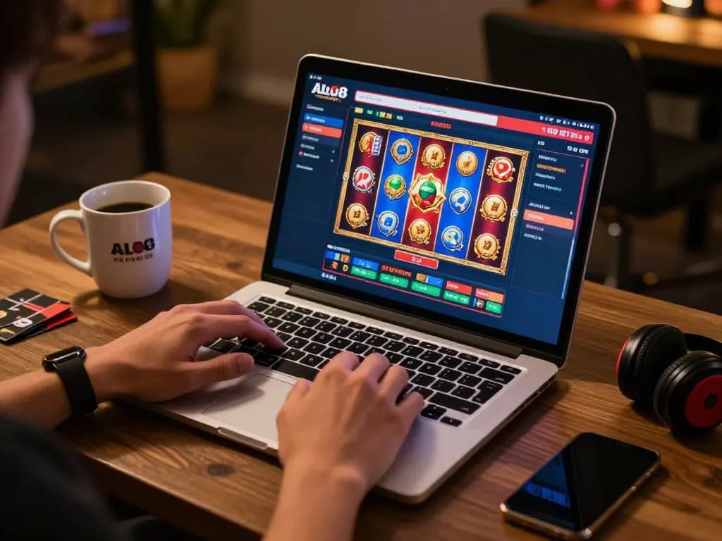 Engaging online gaming session at ALO8 STUDIO with dynamic slot games on display, promoting responsible gambling.