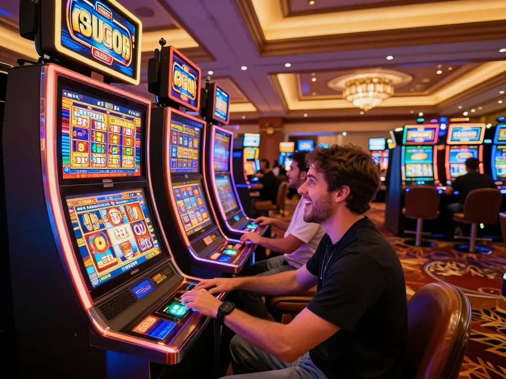Player enjoying a thrilling moment at a go8 slot machine in a vibrant casino environment.