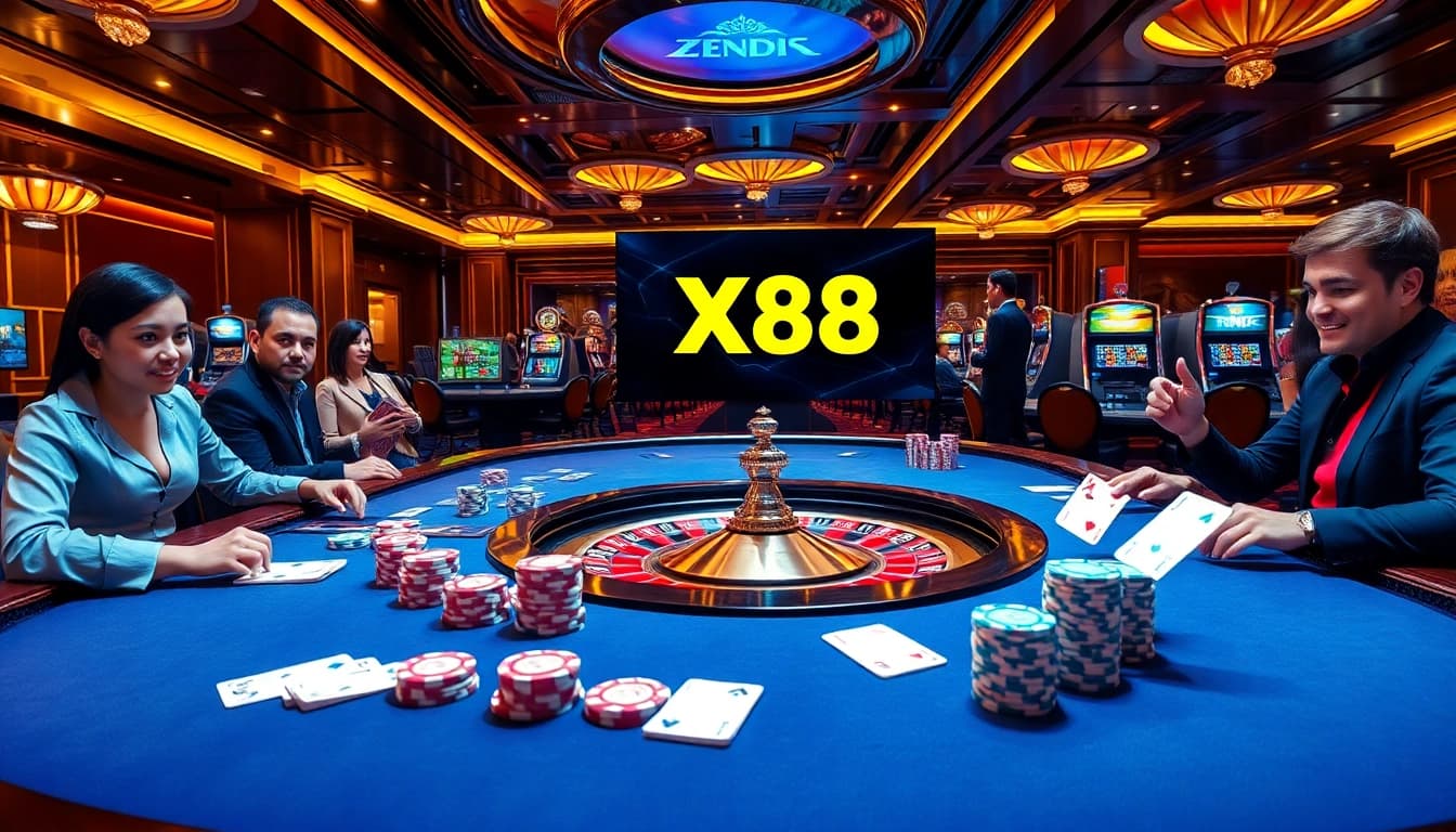 X88 gaming excitement at a poker table with chips and cards.