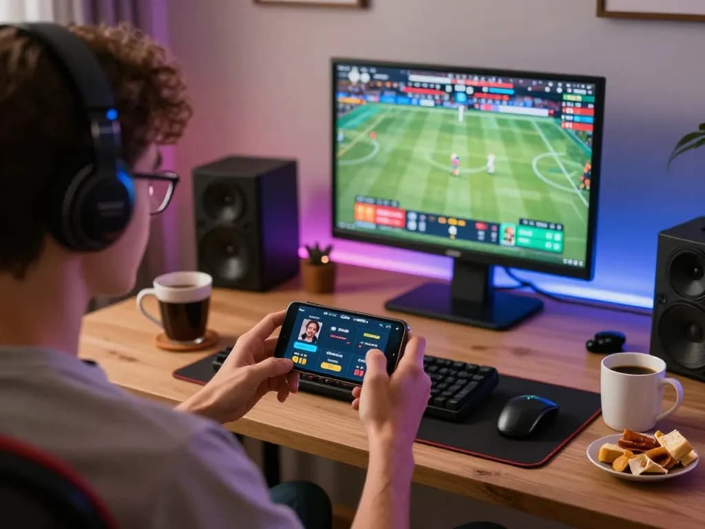 Excited player using nhà cái fly88 mobile app for sports betting with live events displayed