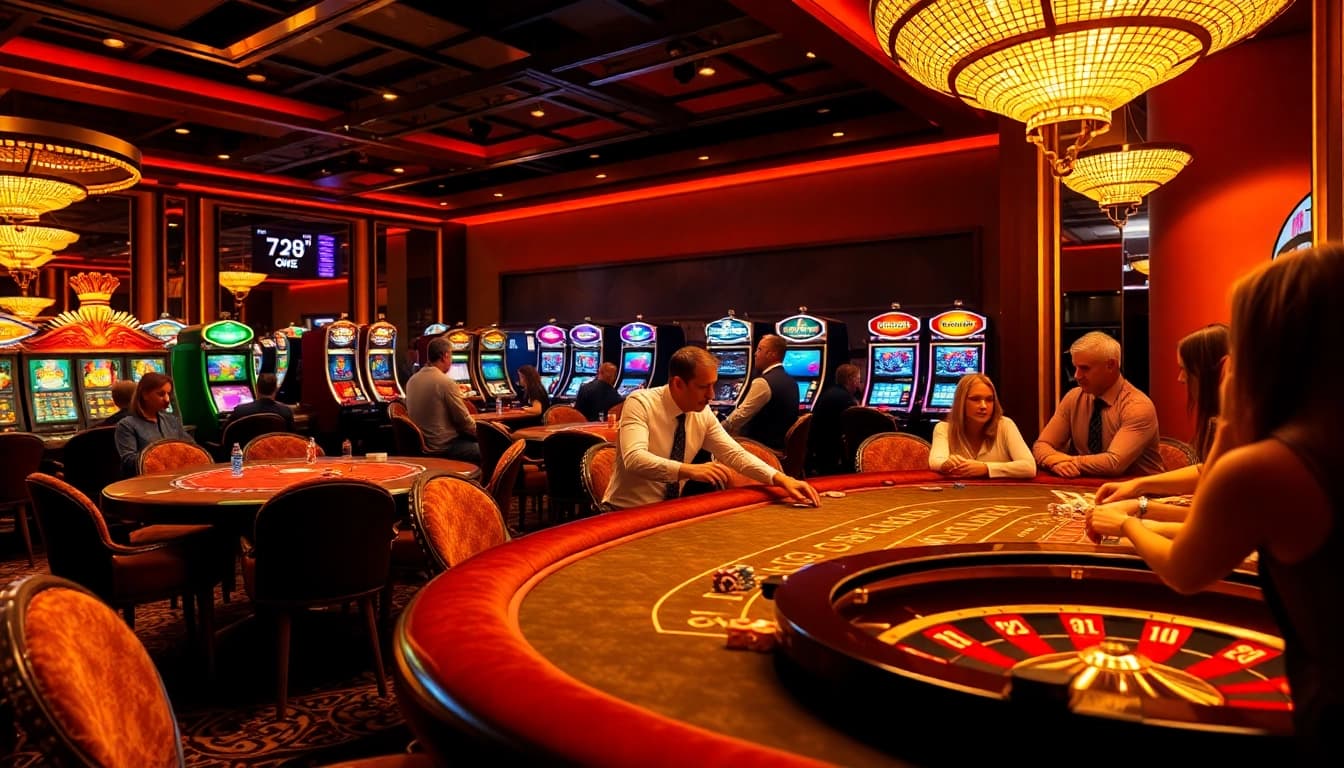 A scene showcasing the excitement of gambling at 789B ONE with professional dealers and vibrant casino elements.