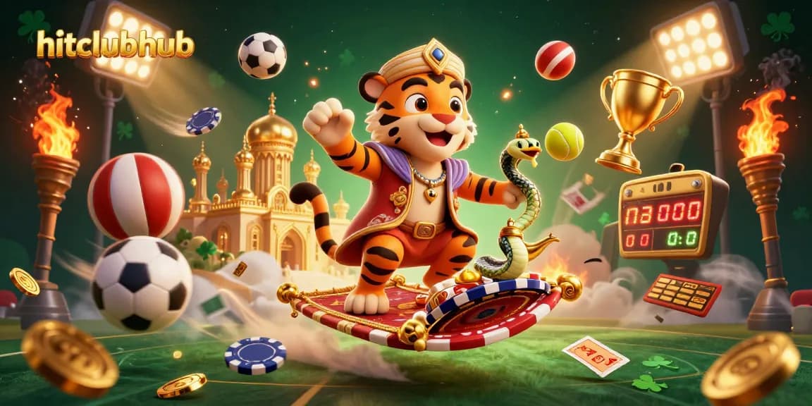 Engage with hitclubhub in an immersive 3D casino realm, featuring a sultan, sports elements, and golden treasures.