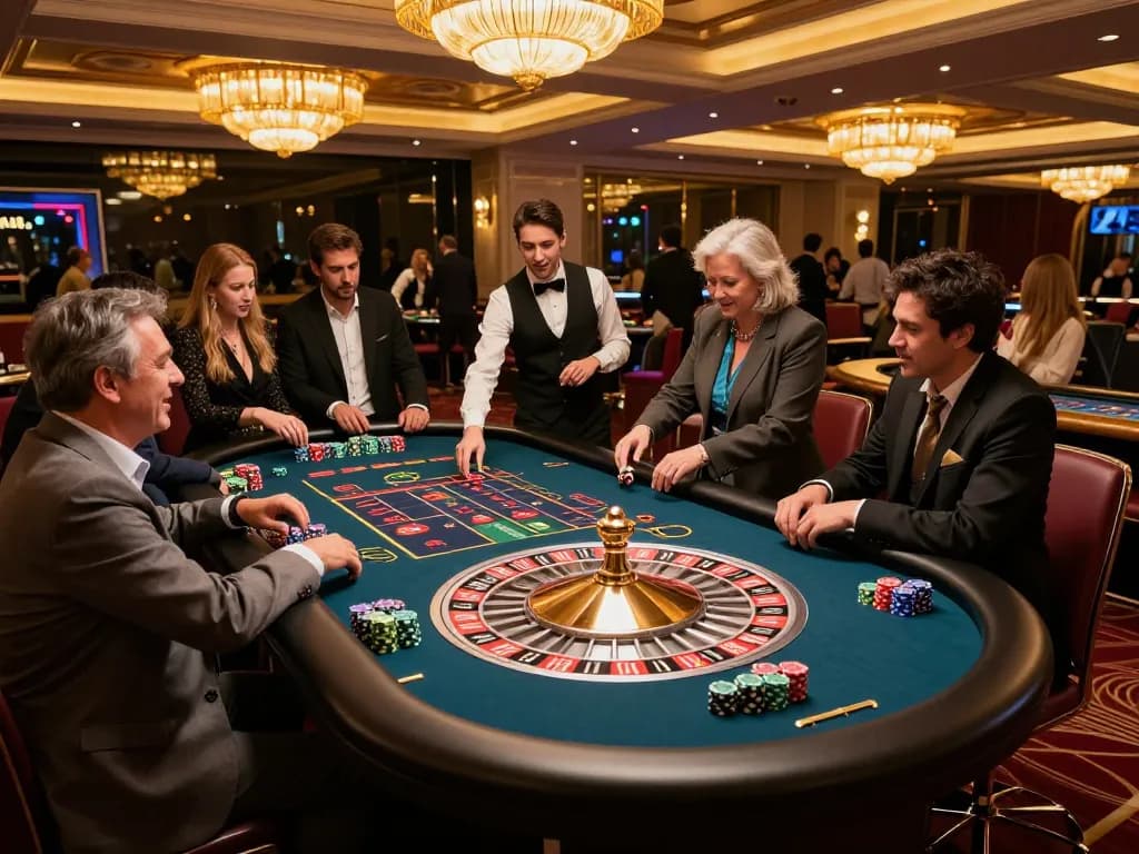 Players enjoying an engaging game at O8 Social's roulette table amidst a lively casino atmosphere.