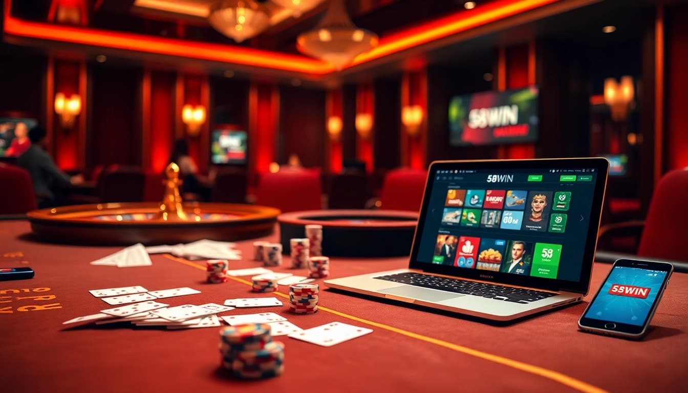 Experience thrilling gameplay at 58win with cards, chips, and a vibrant casino atmosphere.