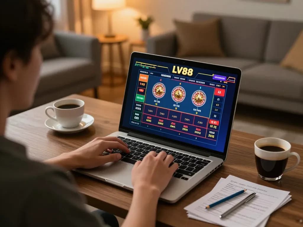 Engaged player enjoying LV88 online casino games in a cozy home office setting.