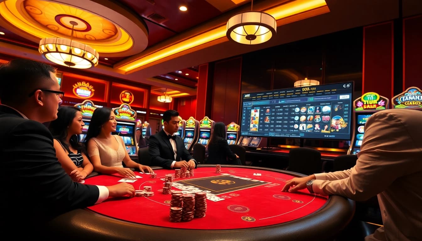 Engaging players immerse in online gambling at QQ88 casino, surrounded by vibrant slots and poker action.