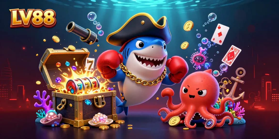 Experience the excitement of LV88 with a vibrant underwater casino adventure featuring playful characters and treasures.